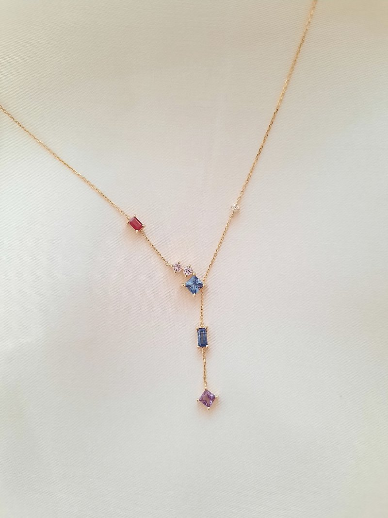 Natural diamond and colorful Gemstone long necklace 10K - สร้อยคอ - เพชร 