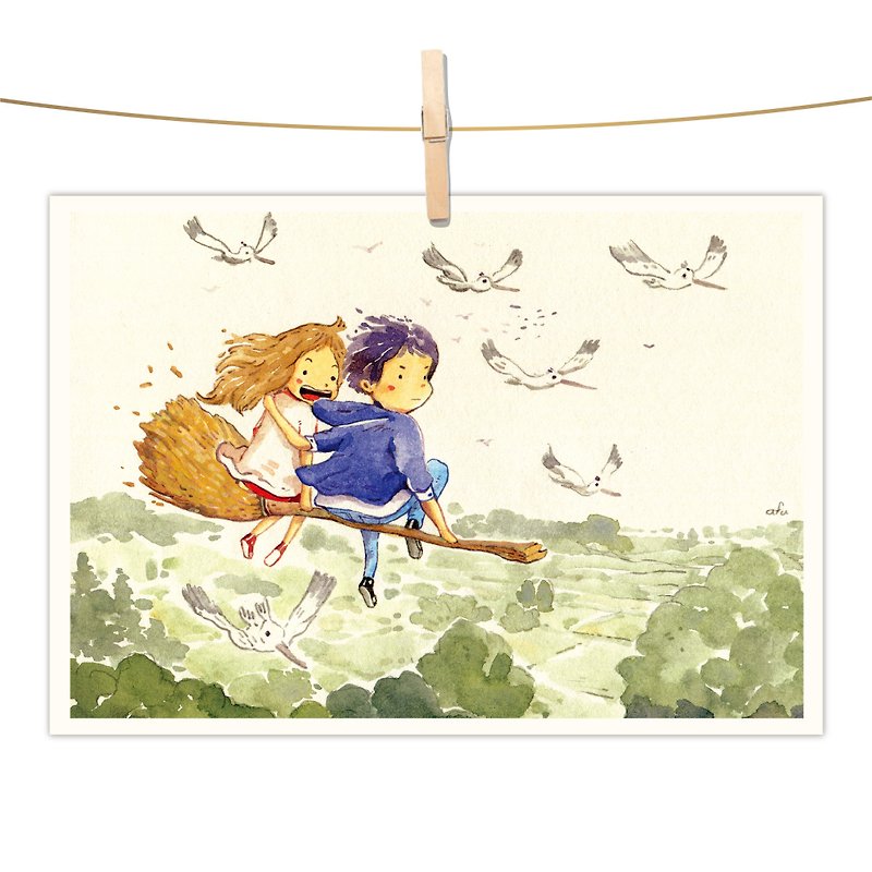 afu watercolor illustration postcard-flying in love - การ์ด/โปสการ์ด - กระดาษ สีเขียว