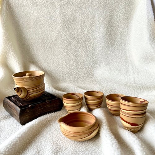 瑞文堂 日本 昭和時期常滑燒紋泥茶具組│落款石仙 茶壺 茶海 茶杯