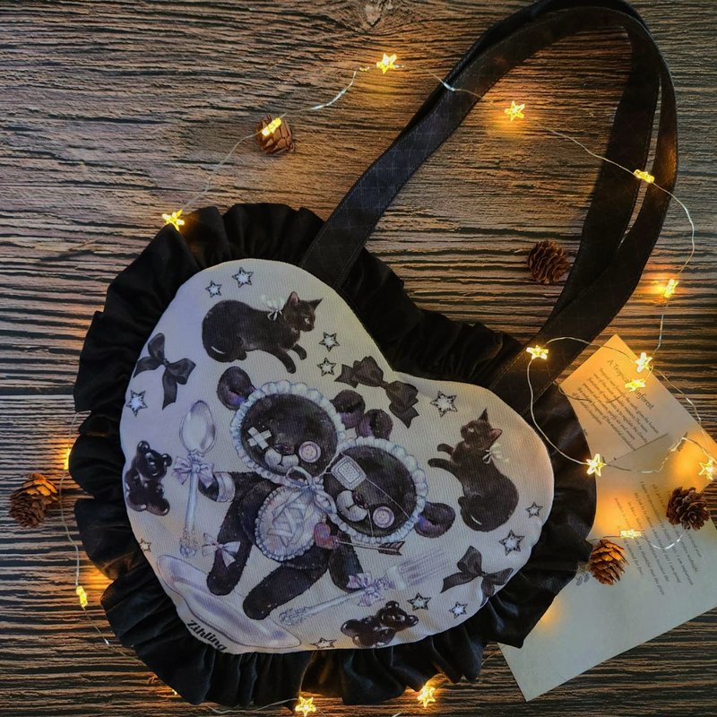 [Xinxin Shoulder Bag] Two-Headed Bear - กระเป๋าแมสเซนเจอร์ - ผ้าฝ้าย/ผ้าลินิน สีดำ