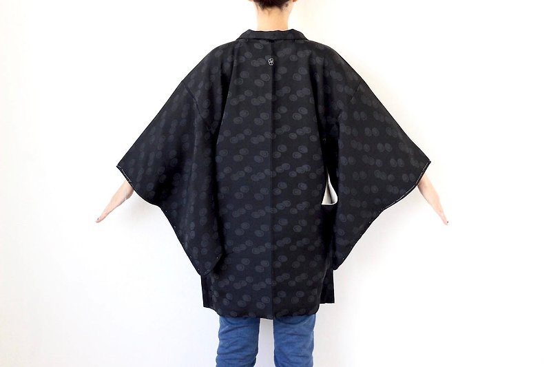 polka dots kimono, EXCELLENT VINTAGE, black kimono, haori, kimono /2989 - เสื้อแจ็คเก็ต - ผ้าไหม สีดำ