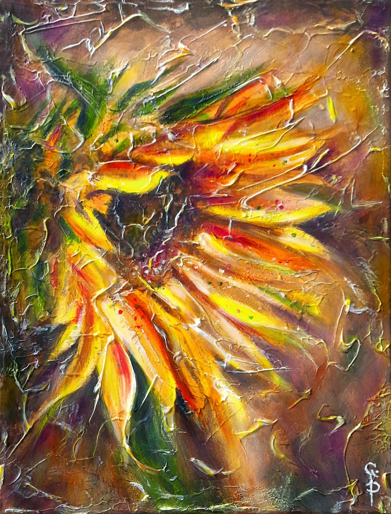 Sunflower painting Flowers oil original artwork Abstract Flower art on canvas - 壁貼/牆壁裝飾 - 其他材質 黃色
