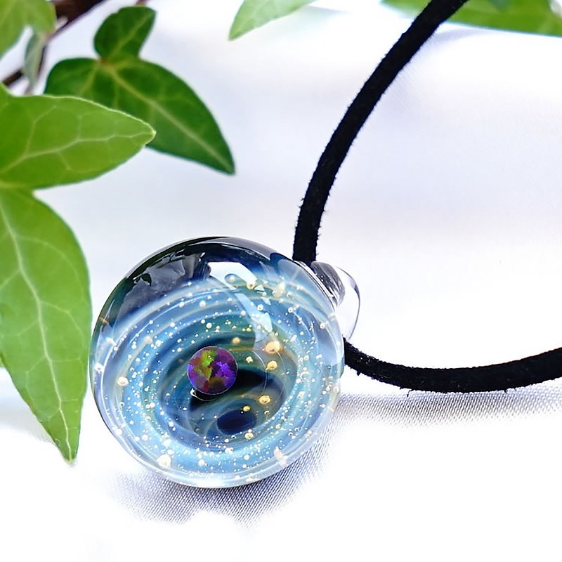 Milky Way space world. 02 Glass Pendant with Green Opal Star Planet Universe - Necklaces - Glass Blue