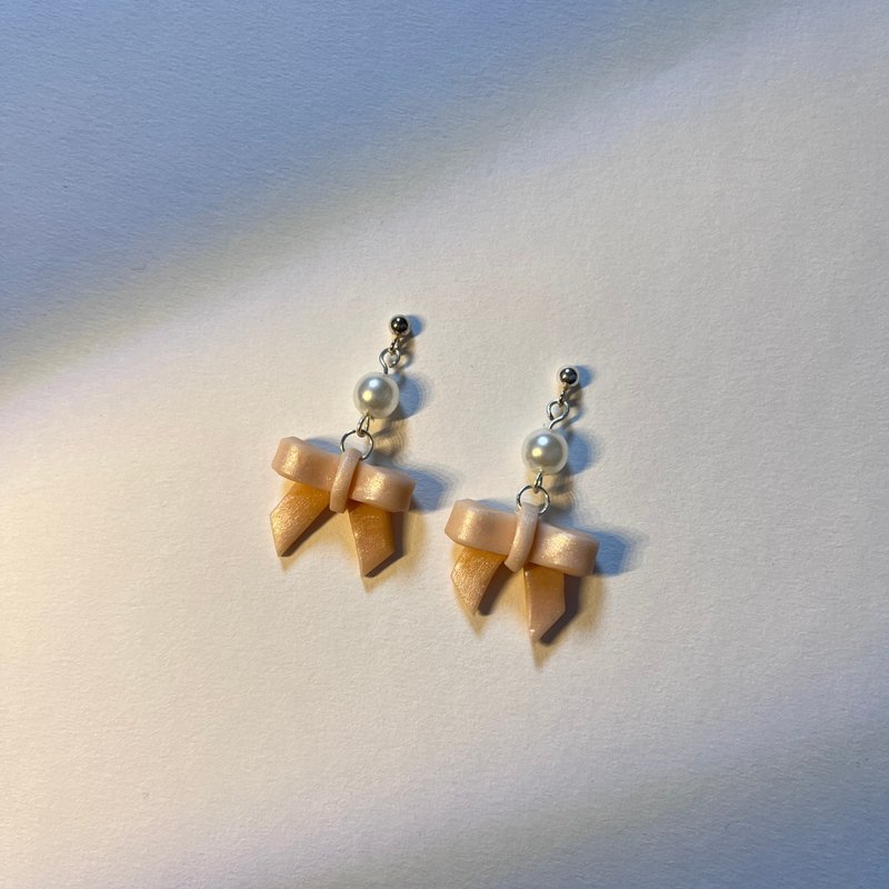 CM pink three-dimensional bow handmade soft clay earrings 925 sterling silver ear pins - Earrings & Clip-ons - Pottery Pink