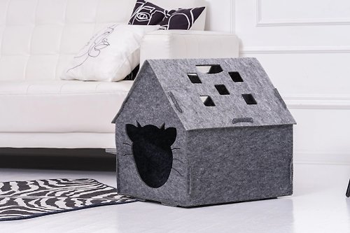 PETFJORD 貓羊毛洞穴床寵物屋貓睡袋手工氈羊毛家具現代家居裝飾設計藝術灰