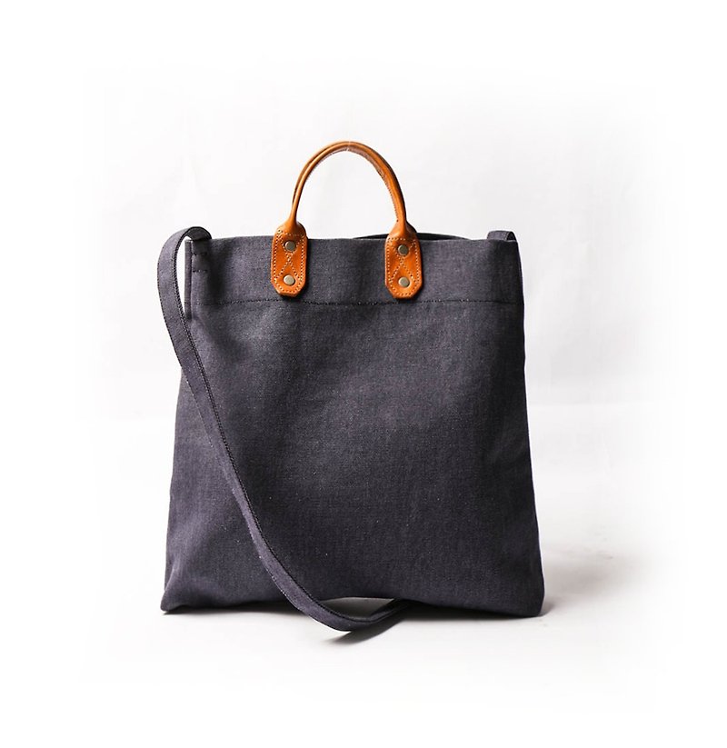 簡約真皮帆布購物袋 新增側背帶 手提包 藏藍色 DG26 - 側背包/斜背包 - 棉．麻 