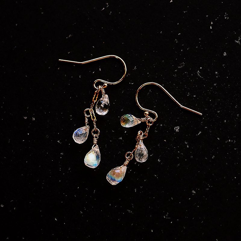 Top strong blue glass body transparent natural moonstone earrings, all-match custom Clip-On - ต่างหู - เครื่องเพชรพลอย ขาว