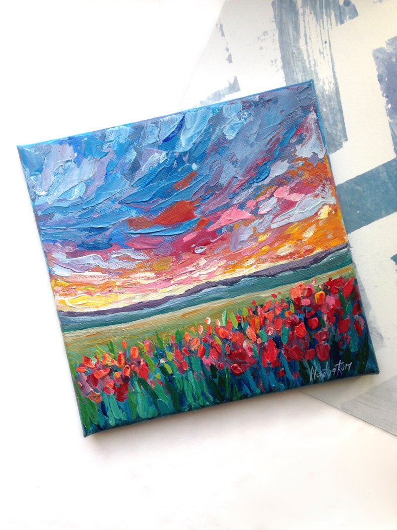 The blooming tulips painting. Sunset painting. California landscape. - 海報/掛畫/掛布 - 棉．麻 藍色