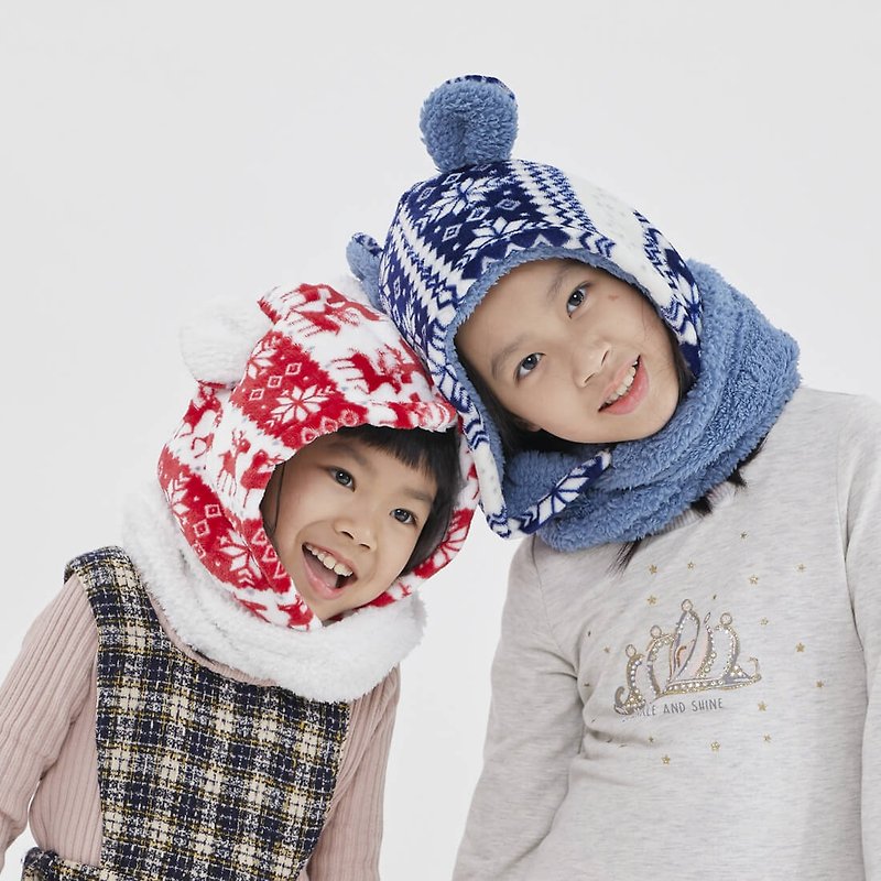 【Parent-child Set 】Yuki winter holiday warm hoodie twist scarf - ผ้าพันคอถัก - ไฟเบอร์อื่นๆ สีน้ำเงิน