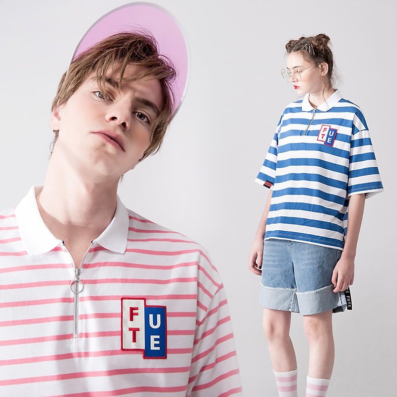 UNISEX OVERSIZED POLO SHIRT/  Pink white stripes+Blue white stripes - Women's Tops - Cotton & Hemp Pink