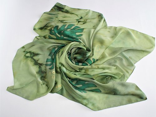 Enya Square scarf cotton silk with monstera Olive green head scarf hand painted