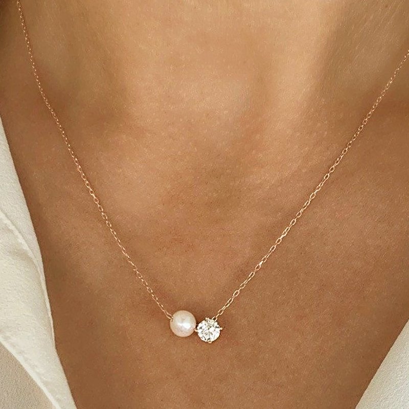 【CReAM】Karen 18K gold-plated Swarovski Stone zircon freshwater pearl necklace - สร้อยคอ - โลหะ 