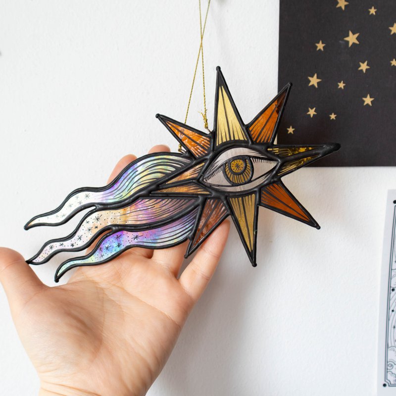 Stained glass ornament, Celestial home decor, Star Art - 壁貼/牆壁裝飾 - 玻璃 多色