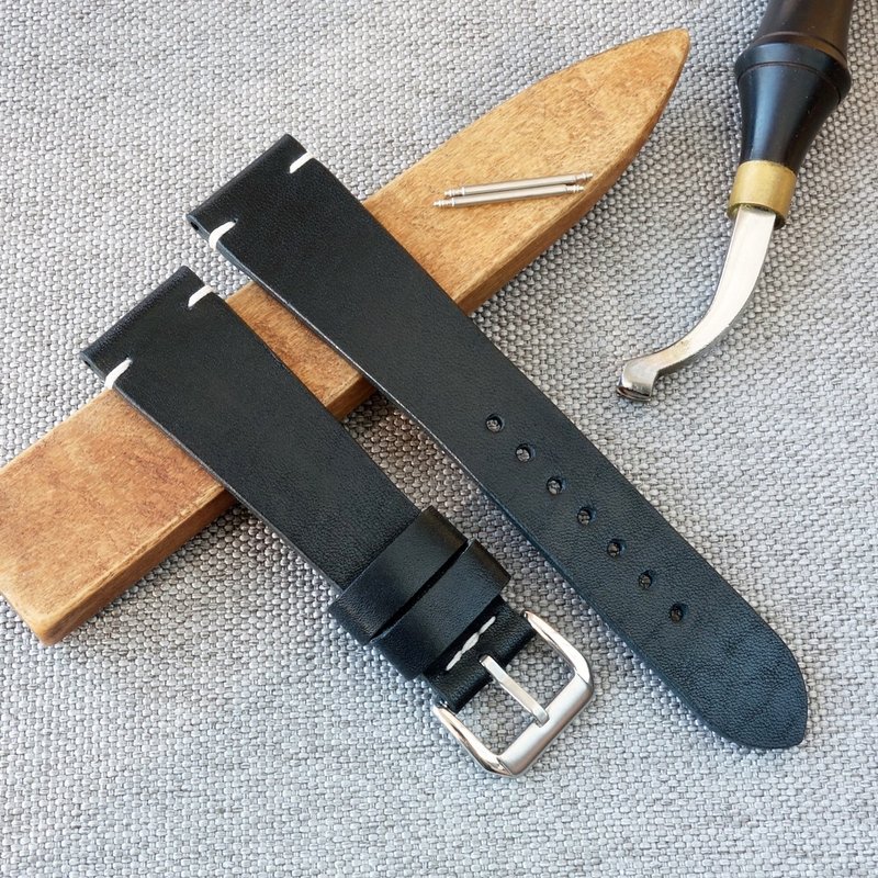 Black genuine leather watch strap, vintage watchband 18,19,20,21,22,24 mm - สายนาฬิกา - หนังแท้ สีดำ