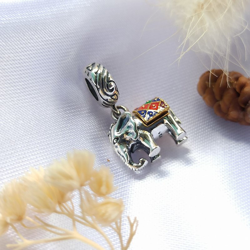 Thai elephant silver charm, polished and painted. Thai culture charm bracelet. - Bracelets - Sterling Silver Silver