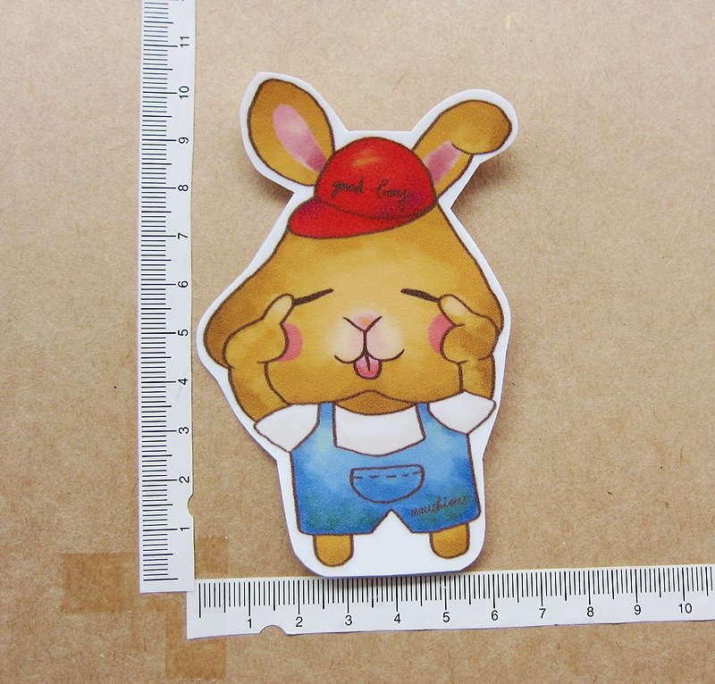 手繪插畫風格 完全 防水貼紙 兔子做鬼臉 棕色兔 野兔 - 貼紙 - 防水材質 咖啡色