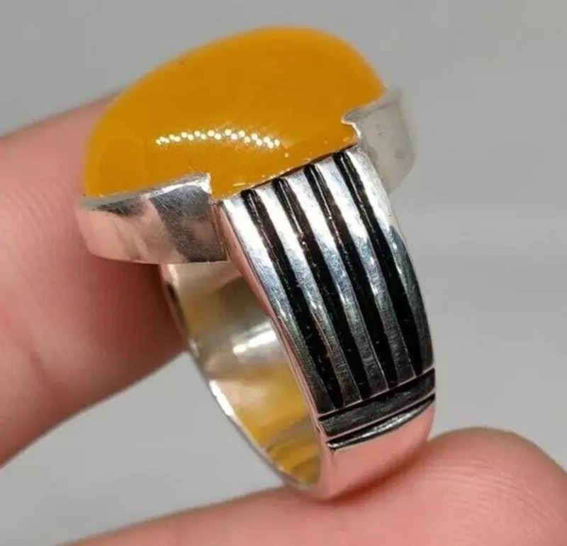 Natural Mens Yellow Carnelian Ring Sterling Silver 925 Handmade Unisex Ring Yamn - 戒指 - 寶石 黃色