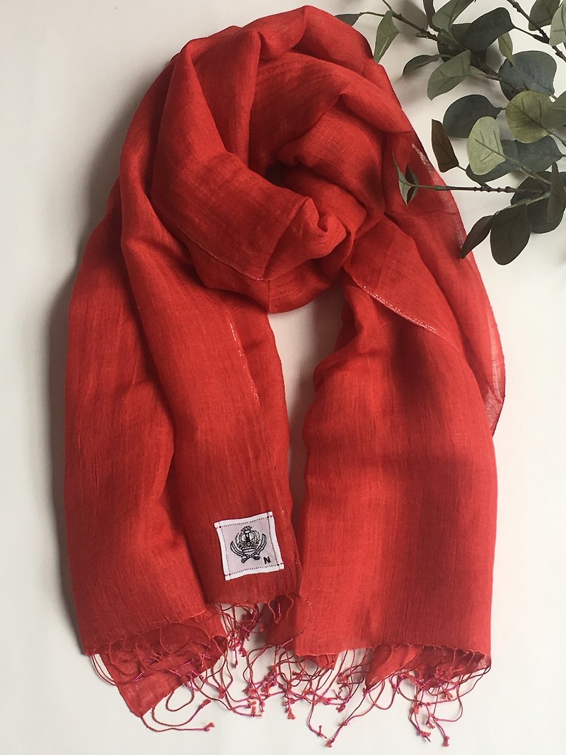 サマー手織りビックショール　リネンシルク - 絲巾 - 棉．麻 紅色