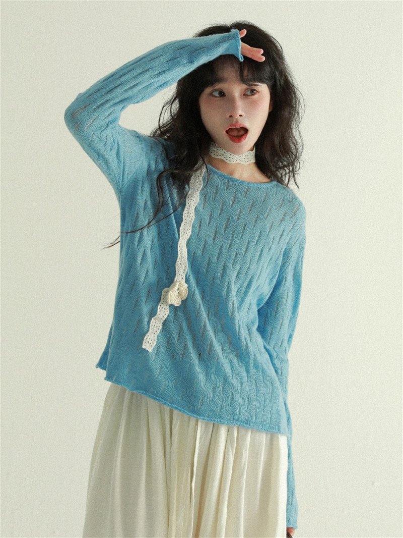 Creamy White/Autumn Blue 2-color Hollow Knit Top Wool Blend Crochet Round Neck Long Sleeve Knit Sweater - Women's Sweaters - Other Man-Made Fibers Blue