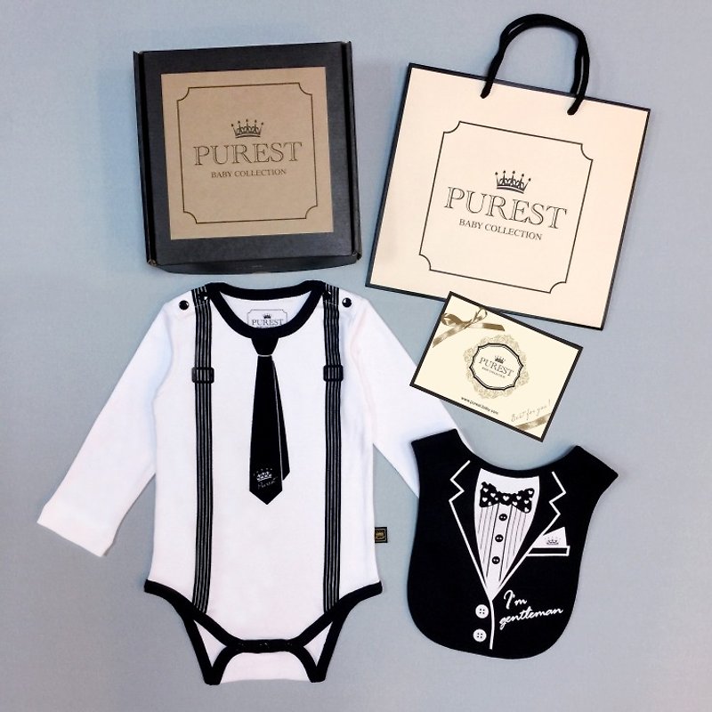 棉．麻 彌月禮盒 黑色 - PUREST 小紳士 長袖領帶衣+西裝兜 寶寶彌月 嬰兒 新生兒禮盒組