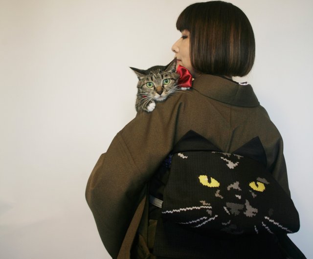 ハイカロリイオトメ名古屋帯 I love cat クロネコ猫柄【最終価格】 ハイカロリイオトメ I love cat名古屋帯