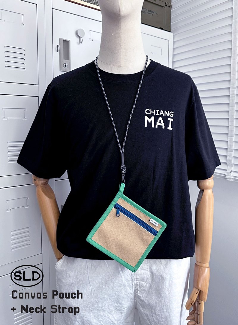 Canvas Pouch + Neck Strap(Paracord) - กระเป๋าใส่เหรียญ - ผ้าฝ้าย/ผ้าลินิน สีกากี