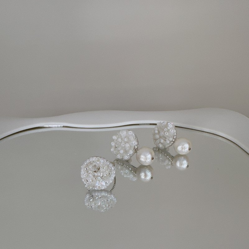 Sparkling Sequin & Cotton Pearl Earrings (Detachable) - Earrings & Clip-ons - Silver White