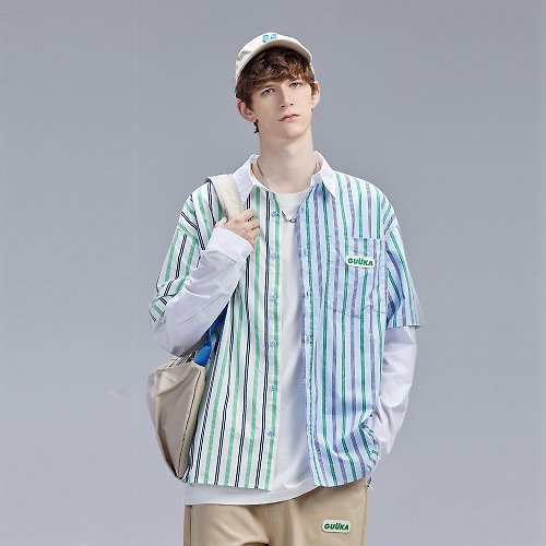 MUYU 【双 11 限定】藍綠色假兩件拼接條紋長袖襯衫外套