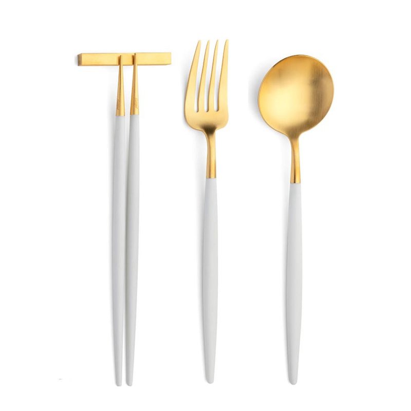 | Cutipol | GOA White Matte Gold 3 Pieces Set (Table Spoon/Fork/Chopsticks Set) - ช้อนส้อม - สแตนเลส ขาว