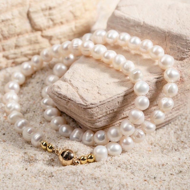 天然白色淡水珍珠項鍊 6–7mm 金色圓球扣 百搭優雅 聖誕節配飾 - 項鍊 - 珍珠 白色