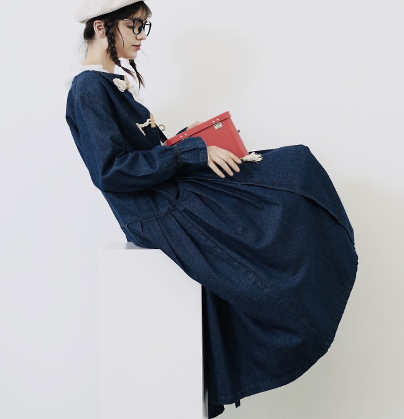 Horn button denim long coat dress-imakokoni - One Piece Dresses - Cotton & Hemp Blue