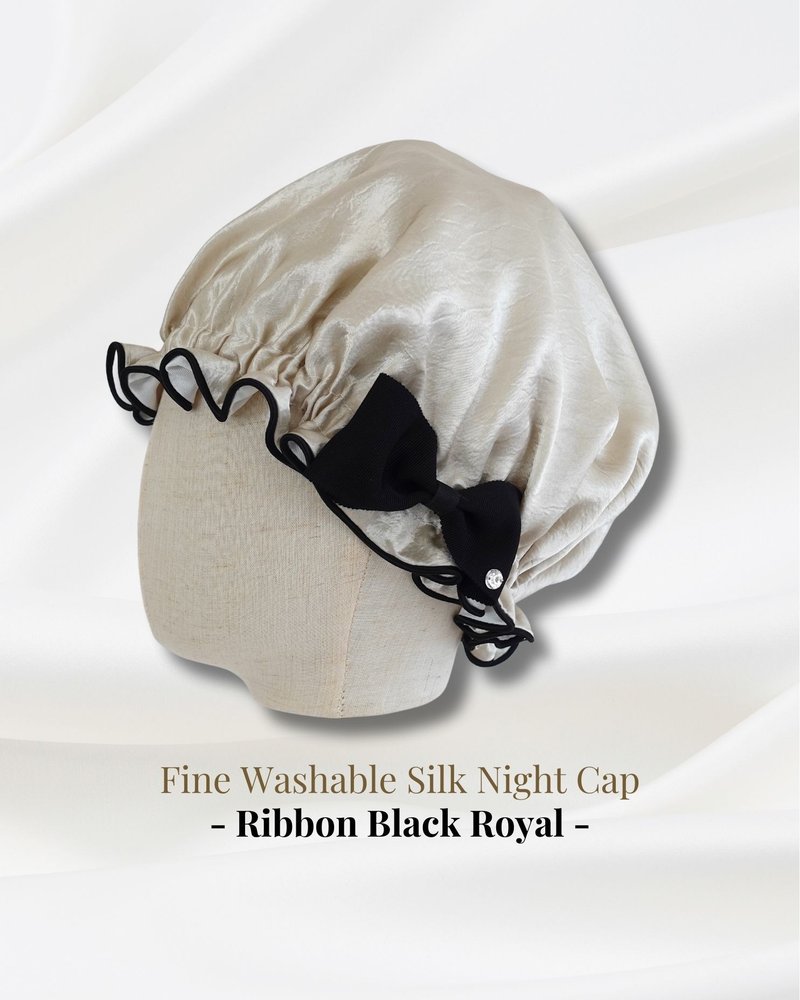 日本製洗えるシルクのナイトキャップ　Ribbon Black Royal　生日禮物 リボン　パイピング - 刮痧板/臉部按摩 - 絲．絹 白色