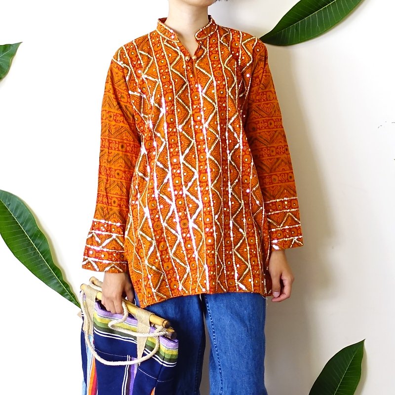 BajuTua / vintage / shining bright orange cover stained antique Indian kurti tops - เสื้อผู้หญิง - ผ้าฝ้าย/ผ้าลินิน สีส้ม