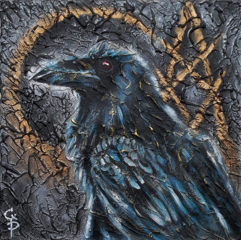 Raven Painting Crow Bird Oil Original Black Art Gothic Black Artwork Cardboard - 壁貼/牆壁裝飾 - 其他材質 黑色