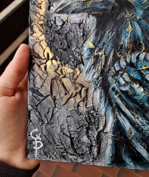 カラスの油絵◆1点物絵画◆アイヌ模様/パワーアート/真作/作者サイン入り カラスの油絵◇1点物絵画◇アイヌ模様/パワーアート/真作/作者サイン