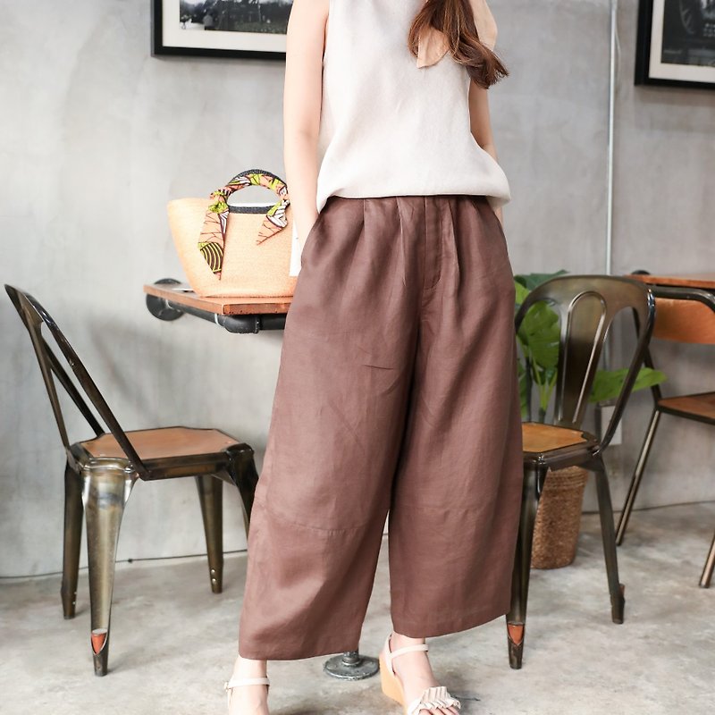 Natural  Linen Pants with stitching details at the leg  - Chocolate Brown - 闊腳褲/長褲 - 亞麻 咖啡色