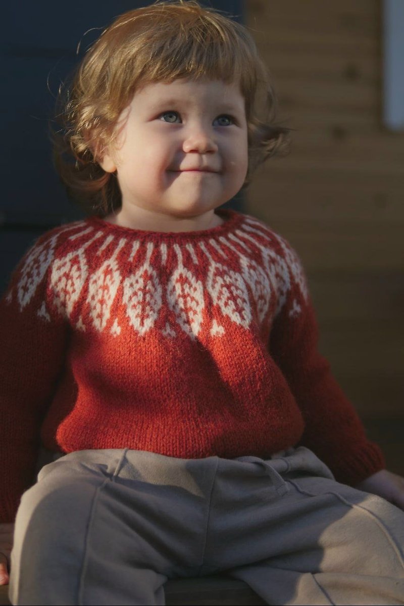 Kid's alpaca wool colorwork sweater Leaves, lopapeysa, customized, gift wrapping - Other - Wool Red