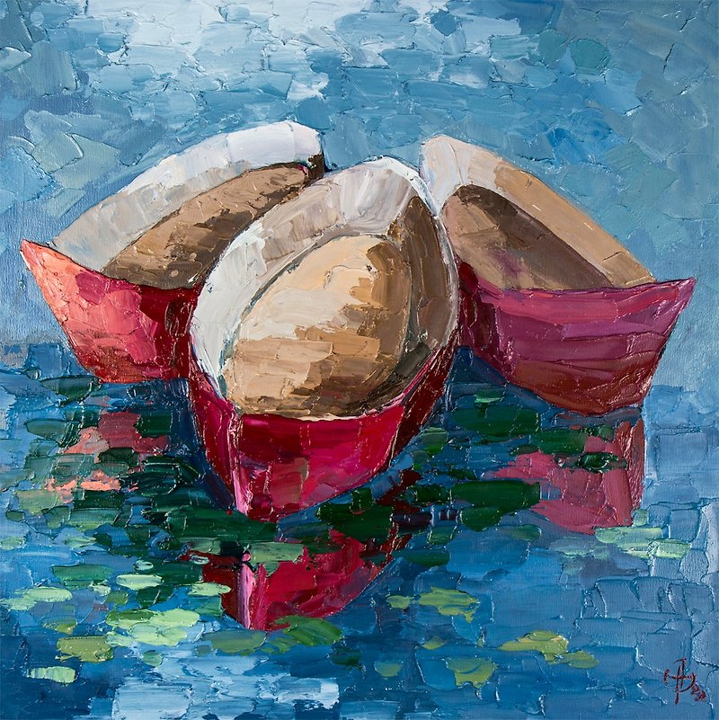 Boats Painting Lake Original Art Water Lilies Artwork Canoe Oil Painting - 掛牆畫/海報 - 其他材質 藍色