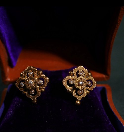 鑲珹古董珠寶 19世紀後半葉 法國 珍珠窗花前勾式耳針