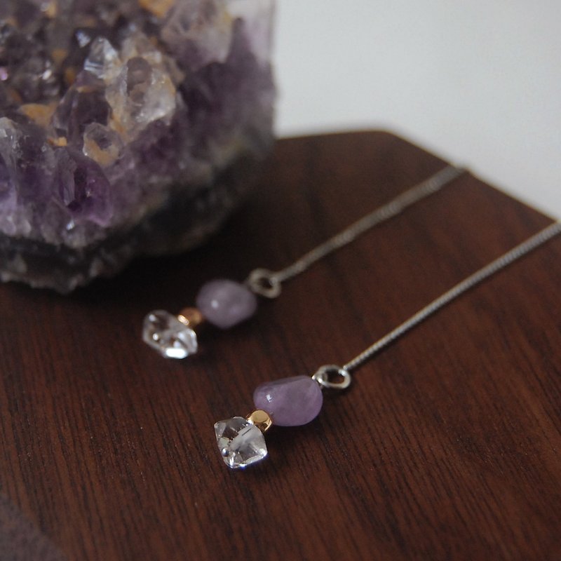 Herkimer Diamond Lavender Amethyst Crystal Gemstone 925 Silver Earrings Chains - Earrings & Clip-ons - Crystal Purple