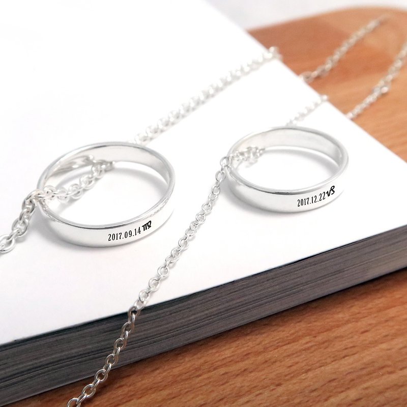 Customized Pair Chain Couple Ring 4mm Flat Lettering 925 Sterling Silver Ring Necklace - Couples' Rings - Sterling Silver Silver