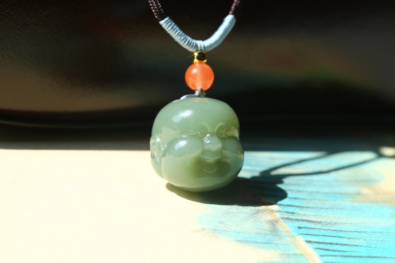【Buddha Pendant】 Auspicious Peace / Health / Wealth - Natural Hetian Jade Maitreya Buddha Necklace Pendant Charm - Necklaces - Jade Green