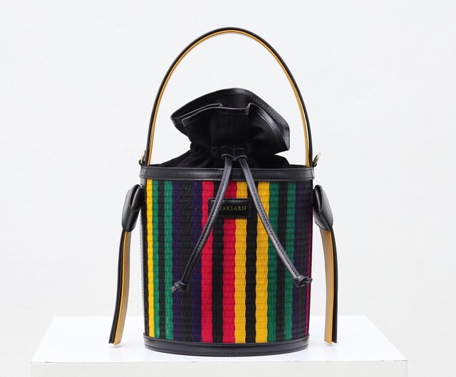 Prada Multicolor Canvas & Wicker Drawstring Bucket Bag