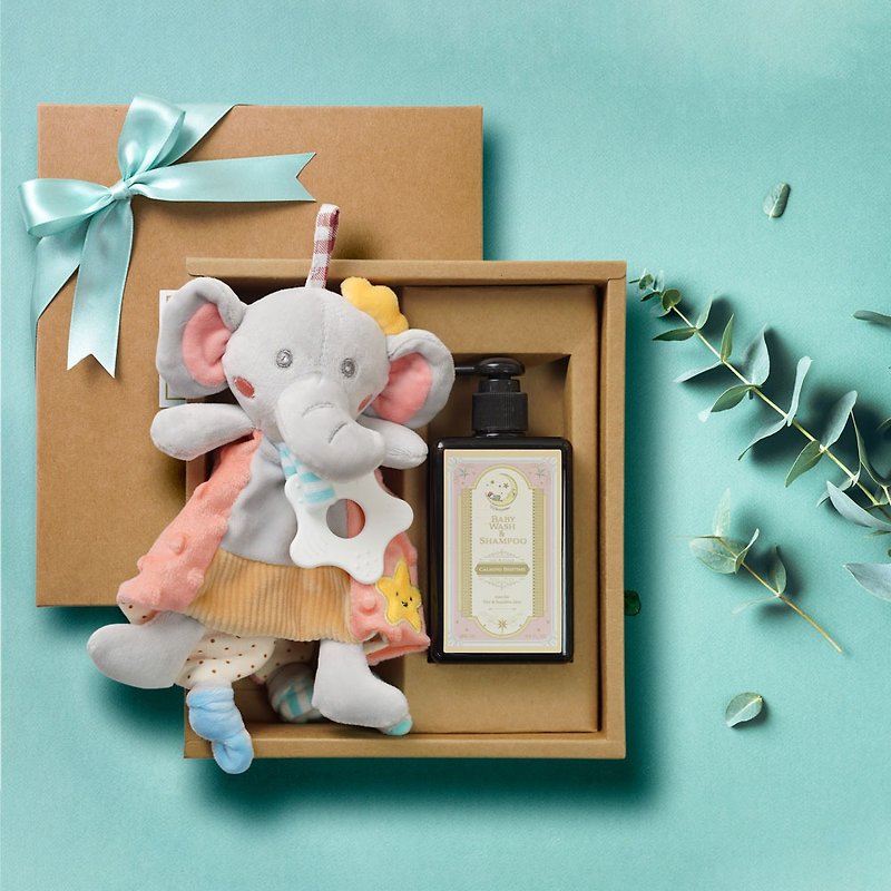 【Fast Shipping】Lucky Elephant Doll Comforting Towel + Shower Gel Baby Gift Box - ของขวัญวันครบรอบ - ผ้าฝ้าย/ผ้าลินิน สีเทา