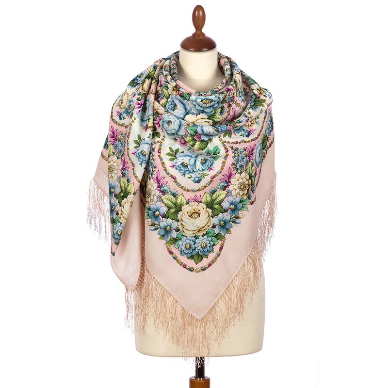 Pavlovo Posad Russian Shawl 100% Wool Scarf Silk Tassels 146x146 cm 1868-3 - 絲巾 - 羊毛 粉紅色