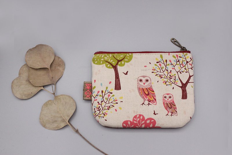 平和的な小さな袋 - 母と子のフクロウ（ピンク）、両面二色の日本の綿とリネンの小さな財布 - 小銭入れ - コットン・麻 レッド