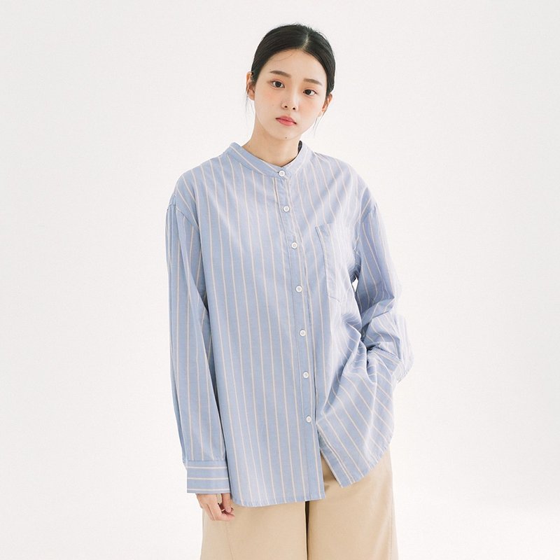 【Simply Yours】Striped crew neck shirt blue F - Women's Shirts - Cotton & Hemp Blue