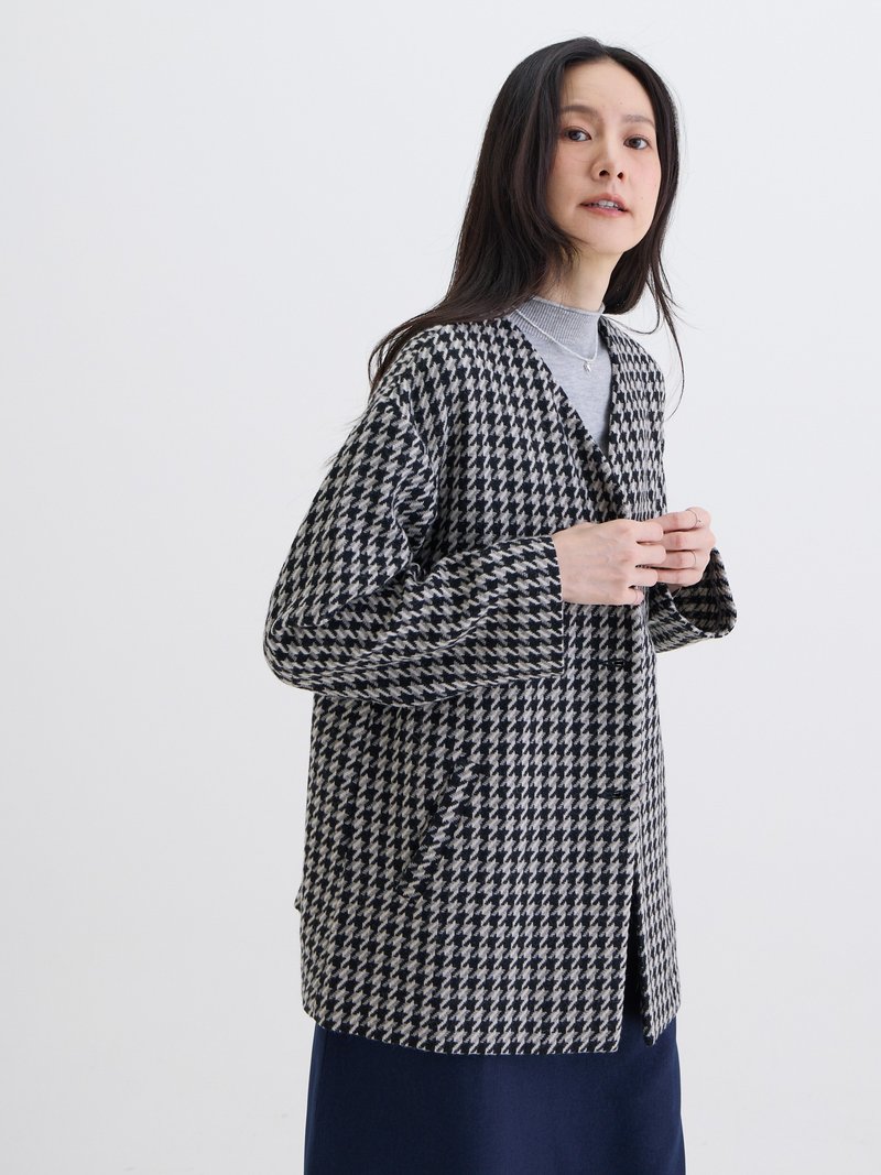 ミランダ Vネック立体裁断コート - ダークヘリンボーン - ジャケット - ウール ブラック