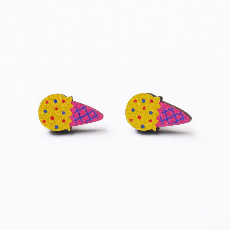 Yellow Ice Cream Printed Wooden Earrings - ต่างหู - ไม้ หลากหลายสี