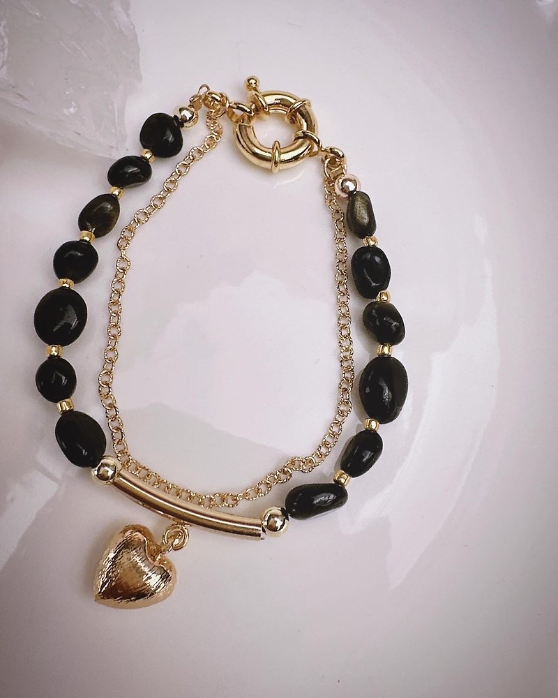 C&W natural raw gold Stone 14ks925 double layer bracelet bracelet - Bracelets - Jade 